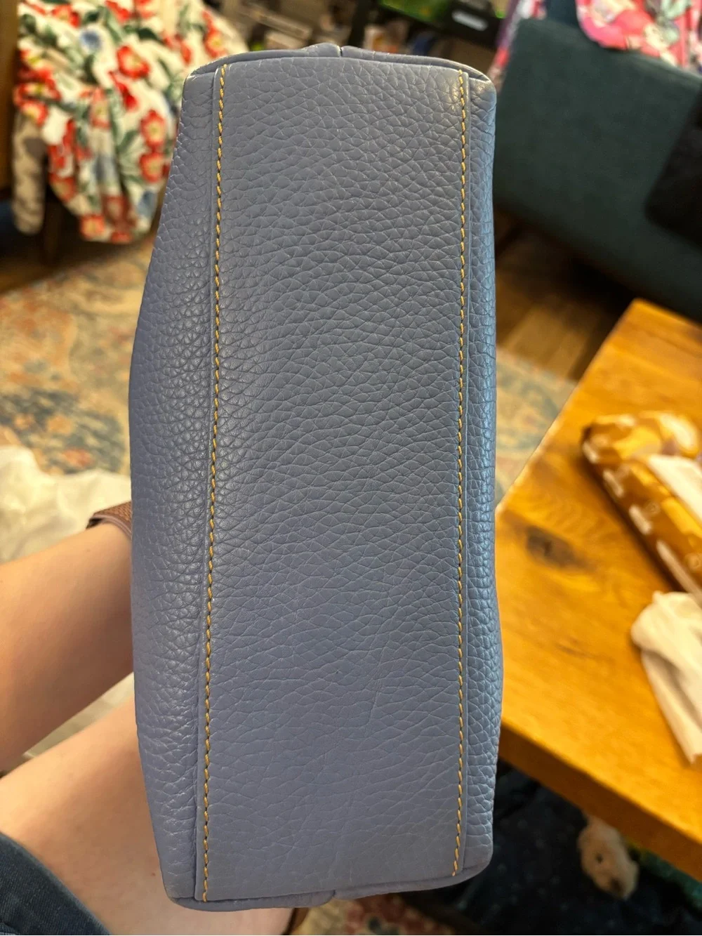 Dooney & Bourke Blue Pebbled Satchel with Tan Trim